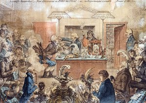 科学研究！ PNEUMATICKS的新发现！或者是关于空气力量的实验讲座，皇家学院讲座的卡通片，展示了笑气的影响（硝基